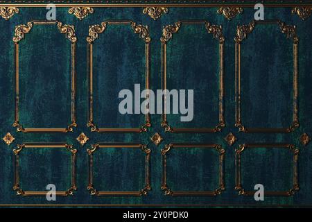 3d illustration. Classic wall of old gold stucco panels paint. Joinery in the interior. Background. Stock Photo