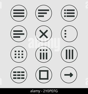 Menu for apps and web Hamburger Menu dropdown in circle. Set interface icons, popup bar, template. Application list burger button. Vector illustration Stock Vector