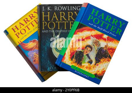 Selection of Harry Potter books by JK Rowling with Harry Potter and the Half-Blood Prince book on top isolated on white background Stock Photo