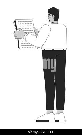 Eyeglasses arab man holding document black and white 2D line character Stock Vector