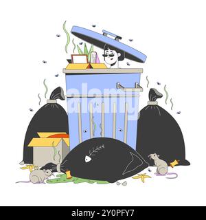 Upset asian woman sitting in waste container cartoon flat illustration Stock Vector