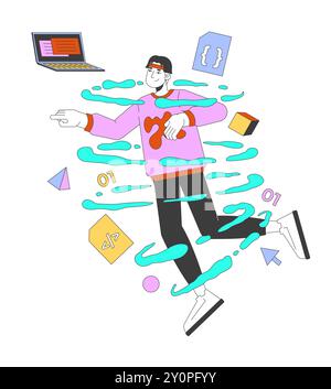 Asian man web developer in coding whirlpool 2D illustration concept Stock Vector