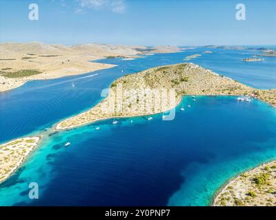 Kornati Islands, Croatia - August 2, 2024: Aerial view of famous Adriatic sea sailing destination, Kornati archipelago national park. Dalmatia region Stock Photo