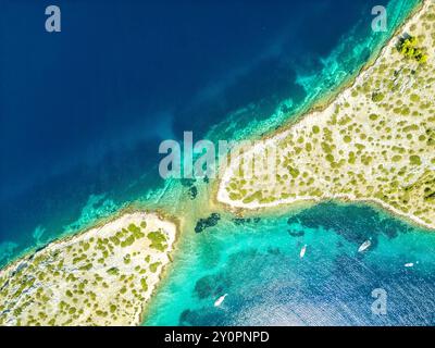 Kornati Islands, Croatia - August 2, 2024: Aerial view of famous Adriatic sea sailing destination, Kornati archipelago national park. Dalmatia region Stock Photo