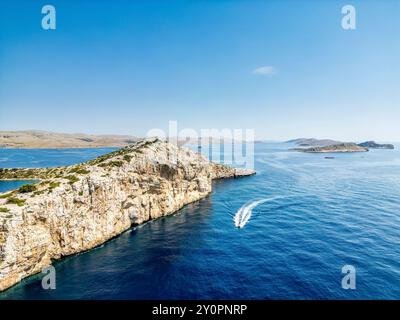 Kornati Islands, Croatia - August 2, 2024: Aerial view of famous Adriatic sea sailing destination, Kornati archipelago national park. Dalmatia region Stock Photo