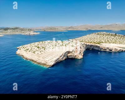 Kornati Islands, Croatia - August 2, 2024: Aerial view of famous Adriatic sea sailing destination, Kornati archipelago national park. Dalmatia region Stock Photo