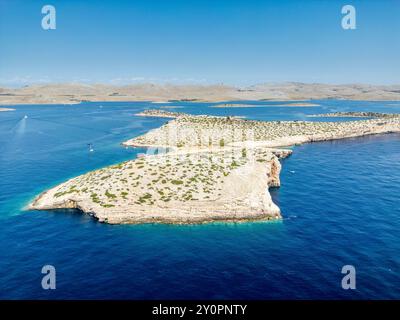 Kornati Islands, Croatia - August 2, 2024: Aerial view of famous Adriatic sea sailing destination, Kornati archipelago national park. Dalmatia region Stock Photo