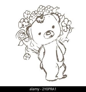 Teddy bear with a bouquet of flowers on his back. Hand drawn sketch. Vector illustration isolated on white background. Can Stock Vector