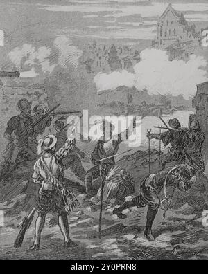 Eighty Years' War (1568-1648). Siege of Maastricht (March 12 to July 1, 1579). In 1578 Maastricht declared its rebellion against the Spanish crown. On 12 March 1579, Alexander Farnese deployed his troops in front of the city of Maastricht and the siege began. Illustration by Serra Pausas. 'Glorias Españolas' (Glories of Spain). Volume IV. Published in Barcelona, 1890. Stock Photo