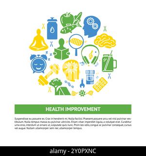 Health improvement round concept banner with silhouette icons in flat style. Biohacking theme poster with place for text. Vector illustration. Stock Vector
