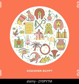 Round banner with Egypt icons in colored line style. Eagle national symbol, pharaoh, Sphinx and pyramids. Vector illustration with text. Stock Vector