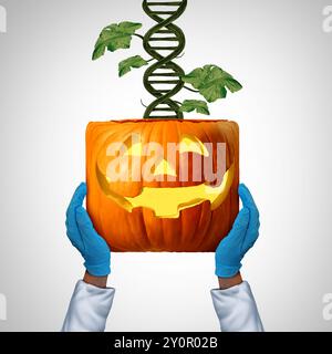 GMO Agriculture Idea as a Funny Jack-O-Lantern with a Halloween pumpkin as a genetically modified organism as a square shaped gourd as an agricultural Stock Photo
