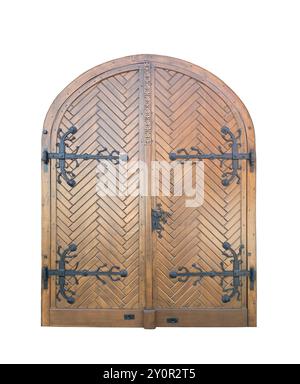 Old wooden decorated door isolated on white background Stock Photo