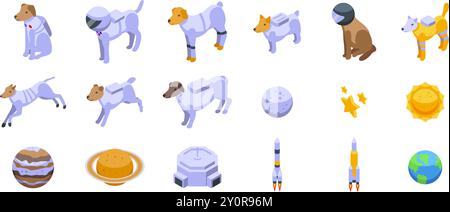 Dog astronaut icons set. Space dogs wearing astronaut suit exploring galaxy elements set isometric icons Stock Vector