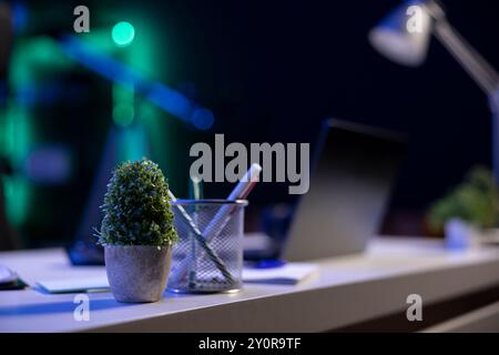 Closeup of various objects placed on a white desk. Different things including a pot of plant, jar of pencils and pens, notebook and laptop are seen in the image. Stock Photo