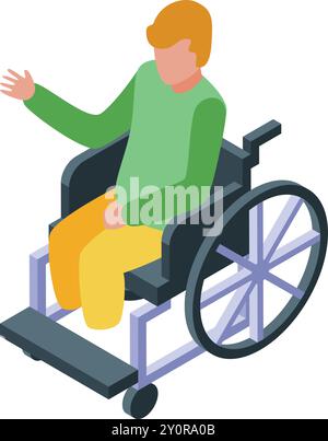 Isometric young man sitting in a wheelchair and gesturing with his hand raised Stock Vector