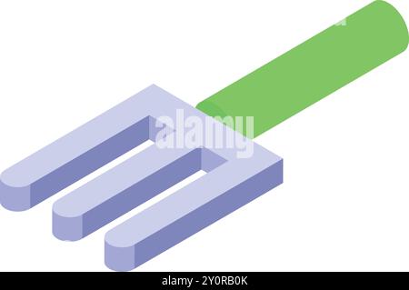 Small gardening fork with green handle lying on white background, useful tool for taking care of plants Stock Vector