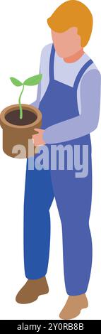 Gardener in workwear holding a plant pot with a small green sprout growing Stock Vector