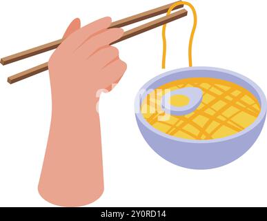 Hand using chopsticks to lift noodles from a bowl of ramen soup with egg Stock Vector