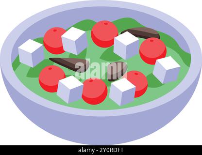 Greek salad with ingredients shown in isometric view, perfect for healthy lifestyle or food blog visuals Stock Vector