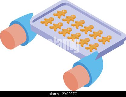 Baking sheet with gingerbread men cookies isometric view for any web design Stock Vector