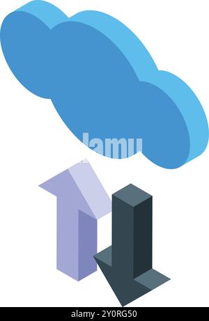 This isometric icon represents the concept of cloud computing with data transferring, downloading, and uploading Stock Vector