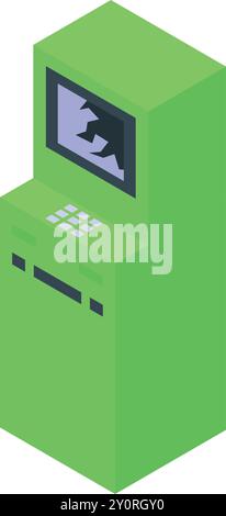 Green cash machine with broken display showing error message, isometric 3d vector illustration Stock Vector