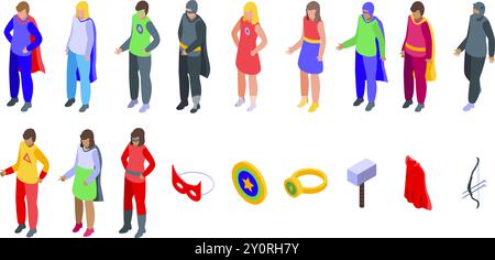 Superhero costume cloak icons set. Superhero people wearing colorful suits and masks standing in different poses with objects set isometric 3d Stock Vector