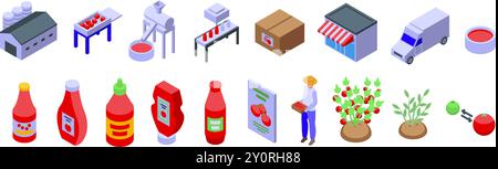 Tomato Ketchup Production icons set. This illustration showcases the complete ketchup production process, from harvesting fresh tomatoes to delivering the final product Stock Vector