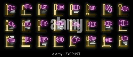 Glowing neon icons of windsocks, essential equipment for aviation and meteorology, illustrating wind conditions Stock Vector
