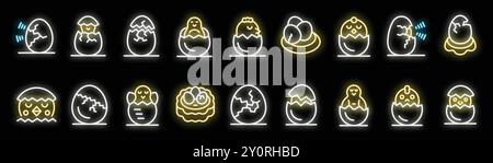 Neon icons of hatching chicks, eggshells, and newborn chickens, perfect for easter and new beginnings projects Stock Vector