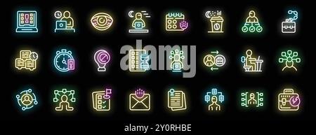 Glowing neon icons of freelancers working remotely, managing their time and tasks Stock Vector