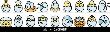 Baby chickens hatching from eggshell set vector. Newborn chicks and cracked eggs stages collection in different positions with yolk and feather symbols. Color contour illustration Stock Vector