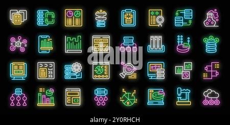 Set of colorful neon icons illustrating data analysis, from data mining to machine learning Stock Vector