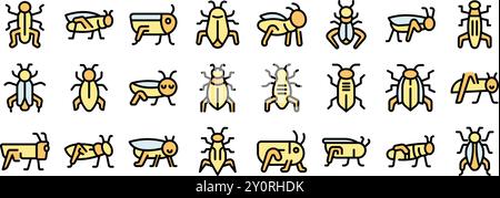 Set of grasshopper colorful icons, locust, cricket, beetle, bug, pest Stock Vector