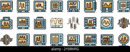 This set of icons depicts various oscilloscopes, electronic test instruments used for visualizing and measuring electrical signals as waveforms Stock Vector