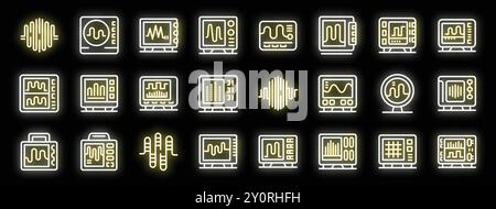 Large set of yellow glowing neon icons of oscilloscopes showing electrical signal waveform on black background Stock Vector