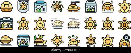 Set of cute turtle icons, in a cartoon style, showing different actions and objects Stock Vector