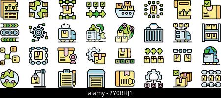 Icons representing supply chain management, encompassing logistics, delivery, and distribution processes Stock Vector