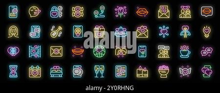 Glowing neon icons featuring symbols of love, romance, and relationships Stock Vector