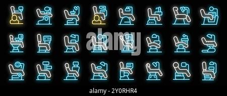 Bright neon icons depicting various dentist chairs with adjustable headrests and footrests, illuminating the concept of modern dental care Stock Vector