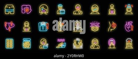 Neon icon set representing the various aspects, symptoms and consequences of bulimia, an eating disorder Stock Vector