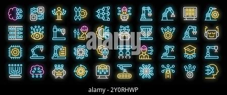 Automation technology neon icon set, industrial robot vector symbols, robotic arm collection, engineering signs, ai pack, cybernetic line icons, smart industry colorful neon illustrations Stock Vector