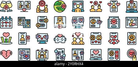 People are using dating apps and websites to find love and romance in this icons set Stock Vector