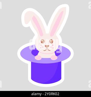 Sticker with cute rabbit in a hat, cartoon style vector illustration for kids Stock Vector