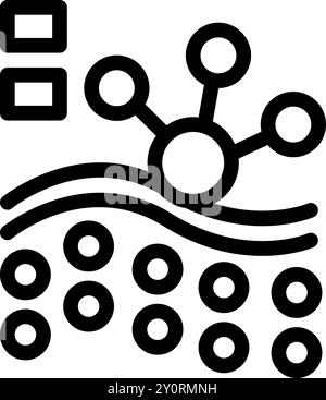 Bold line icon representing a molecule structure connecting with atoms over a wavy surface, depicting concepts of chemistry and scientific research Stock Vector