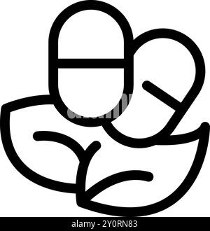 Line art icon of two pills lying on top of two leaves representing herbal medicine and homeopathic treatment Stock Vector