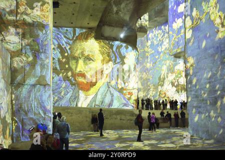 Carrieres des Lumieres with show Vermeer a Van Gogh with self-portrait by Vincent van Gogh, portrait, multimedia, picture show, light show, slideshow, Stock Photo