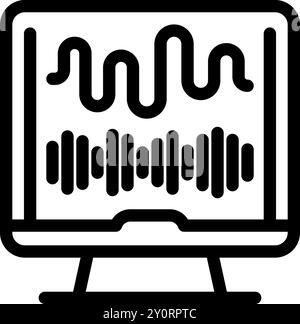 Simple bold line icon of a computer monitor displaying a sound waveform Stock Vector