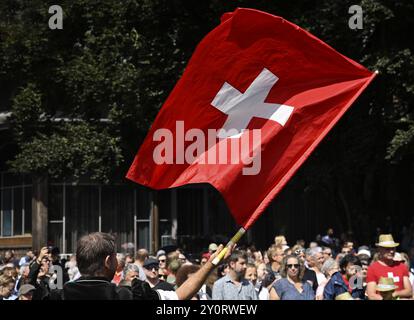 Flag waving Swiss flag Stock Photo